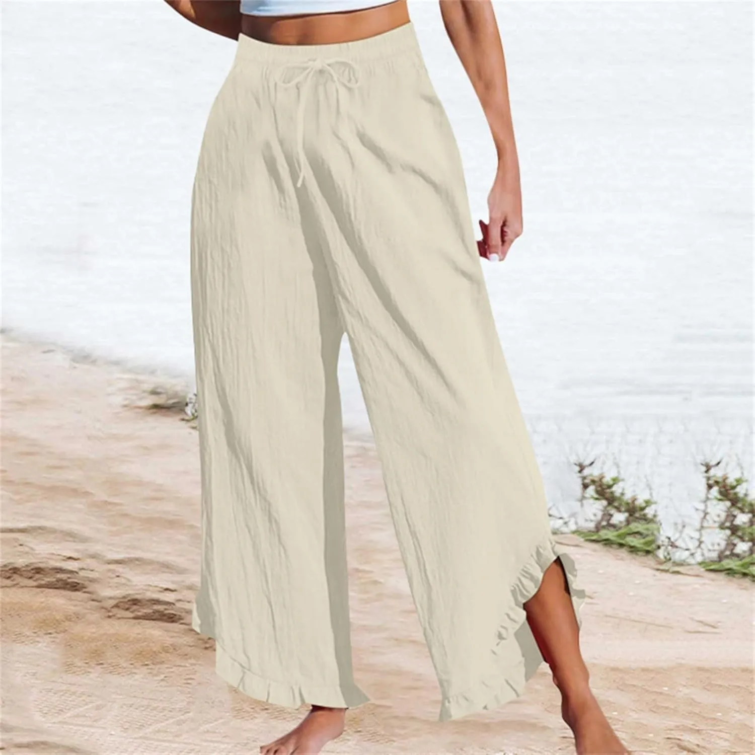 Women's Pants Linen Pants Summer High Waisted Palazzo Pants Wide Leg Drawstring Elastic Waist Loose Comfy Trousers