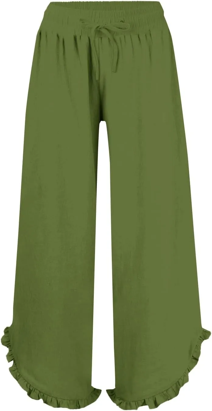Women's Pants Linen Pants Summer High Waisted Palazzo Pants Wide Leg Drawstring Elastic Waist Loose Comfy Trousers