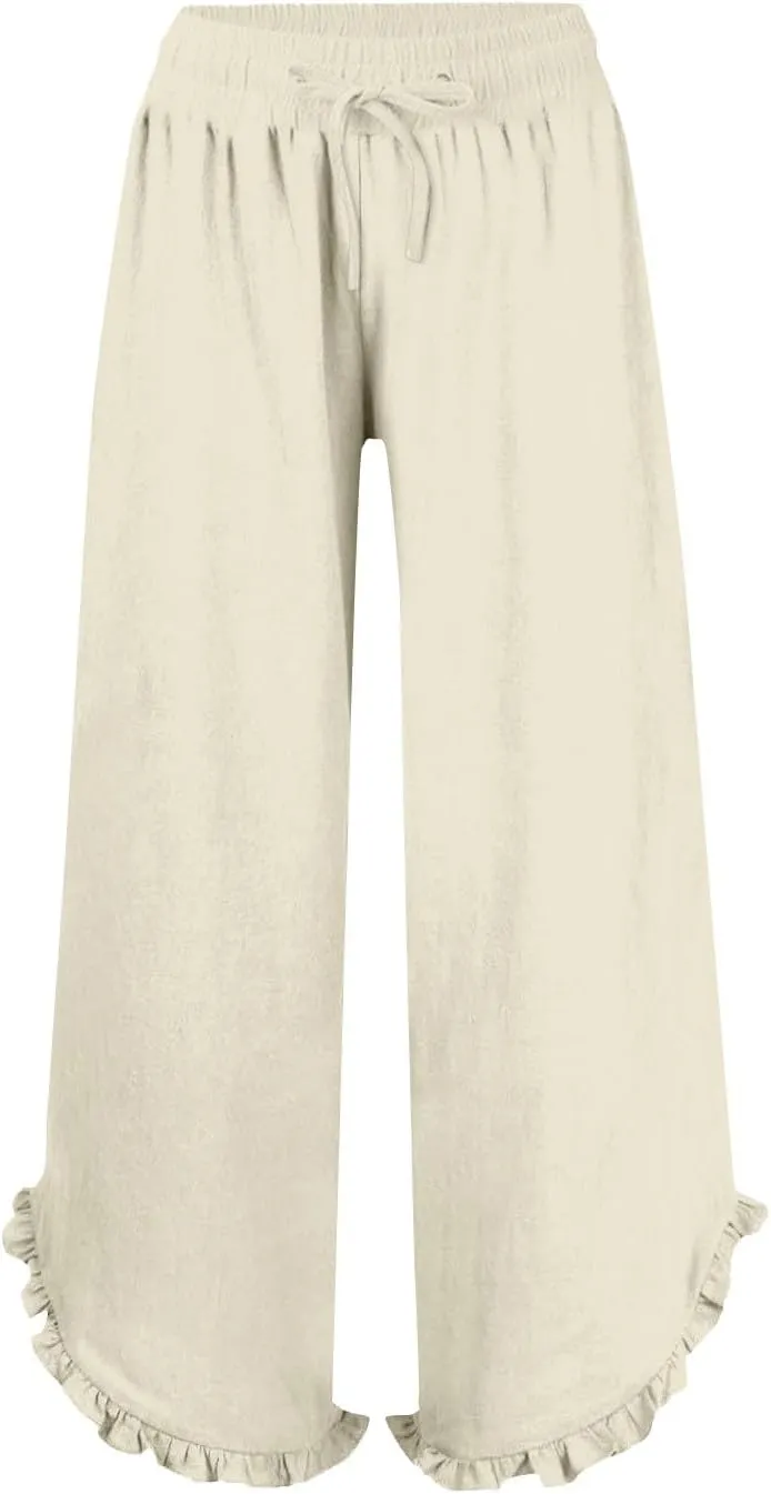 Women's Pants Linen Pants Summer High Waisted Palazzo Pants Wide Leg Drawstring Elastic Waist Loose Comfy Trousers