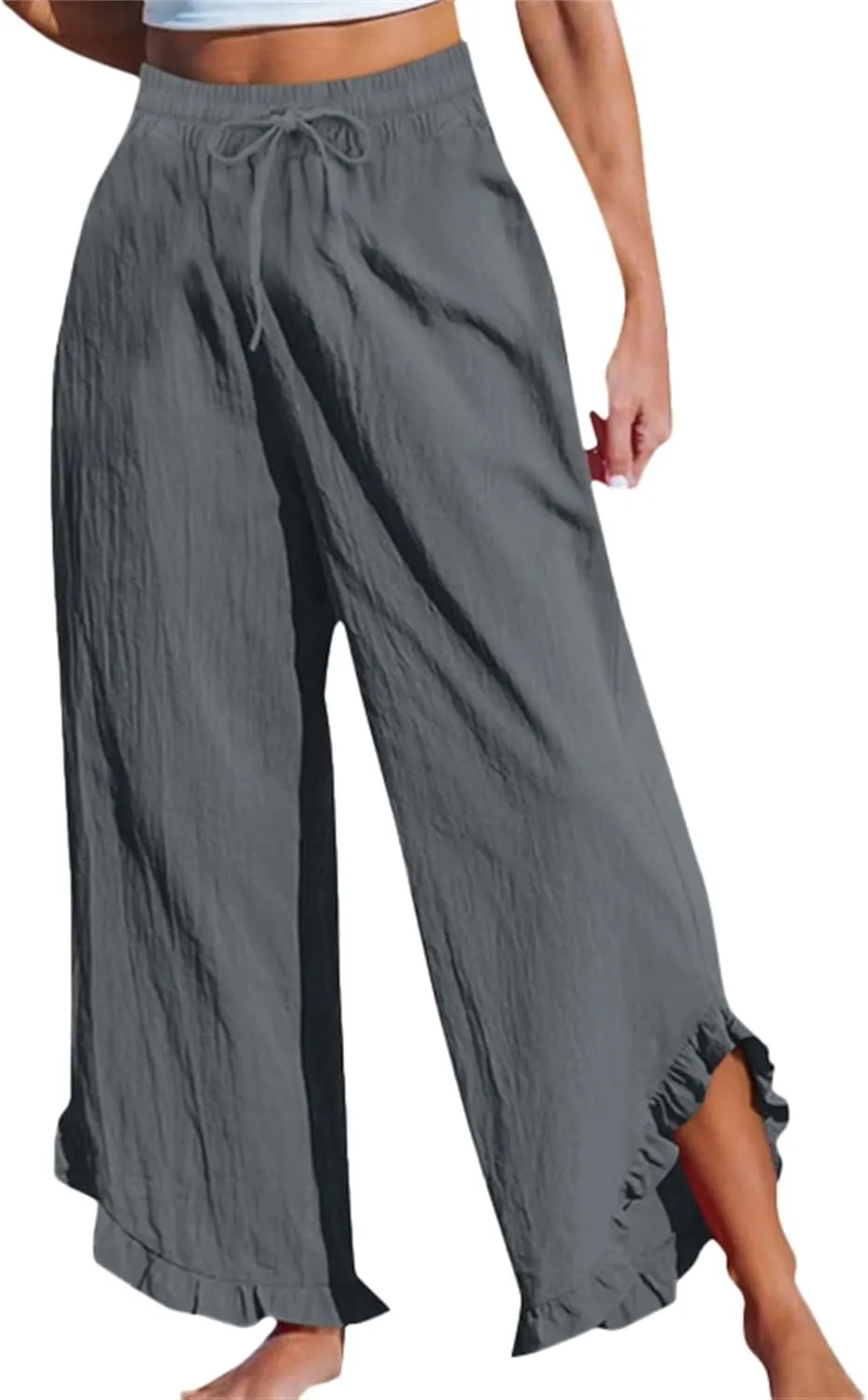 Women's Pants Linen Pants Summer High Waisted Palazzo Pants Wide Leg Drawstring Elastic Waist Loose Comfy Trousers