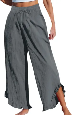 Women's Pants Linen Pants Summer High Waisted Palazzo Pants Wide Leg Drawstring Elastic Waist Loose Comfy Trousers