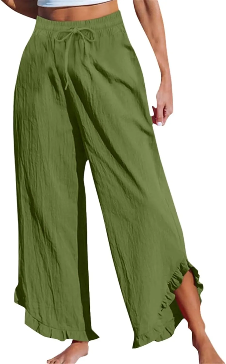 Women's Pants Linen Pants Summer High Waisted Palazzo Pants Wide Leg Drawstring Elastic Waist Loose Comfy Trousers