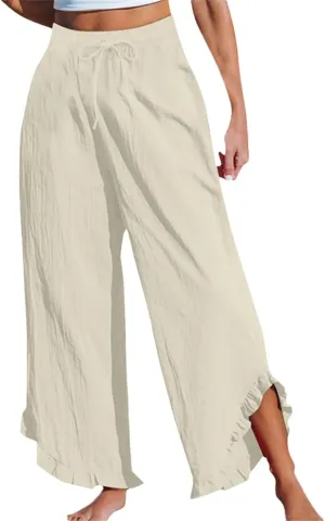 Women's Pants Linen Pants Summer High Waisted Palazzo Pants Wide Leg Drawstring Elastic Waist Loose Comfy Trousers