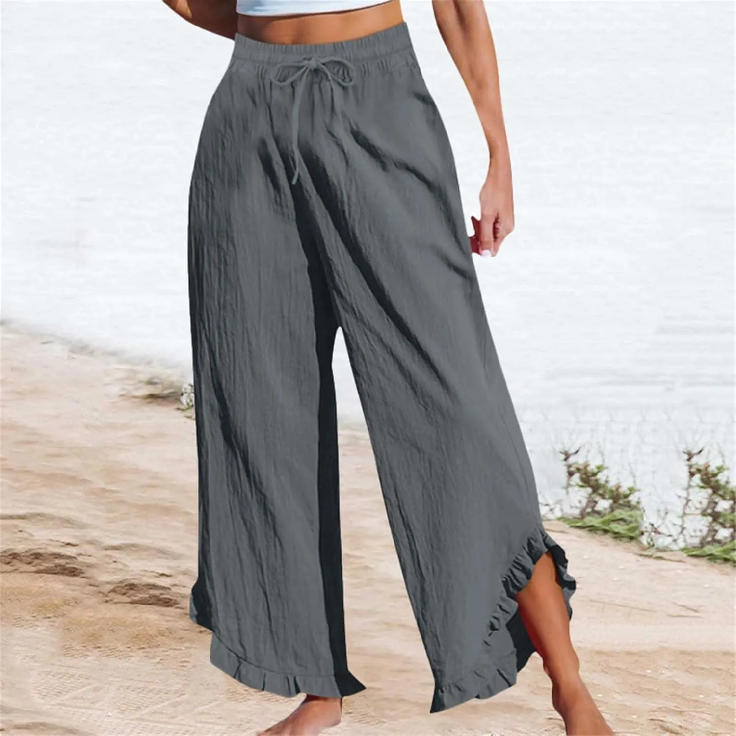 Women's Pants Linen Pants Summer High Waisted Palazzo Pants Wide Leg Drawstring Elastic Waist Loose Comfy Trousers