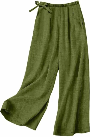 Women's Pants Linen Pants Summer High Waisted Palazzo Pants Wide Leg Drawstring Elastic Waist Loose Comfy Trousers
