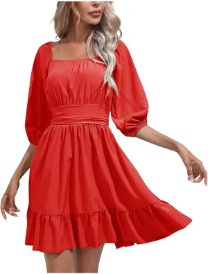 Women's Ruffle Mini Dress Square Neck Long Sleeve Party Dress Cute Wedding Guest Dress Homecoming Dresses