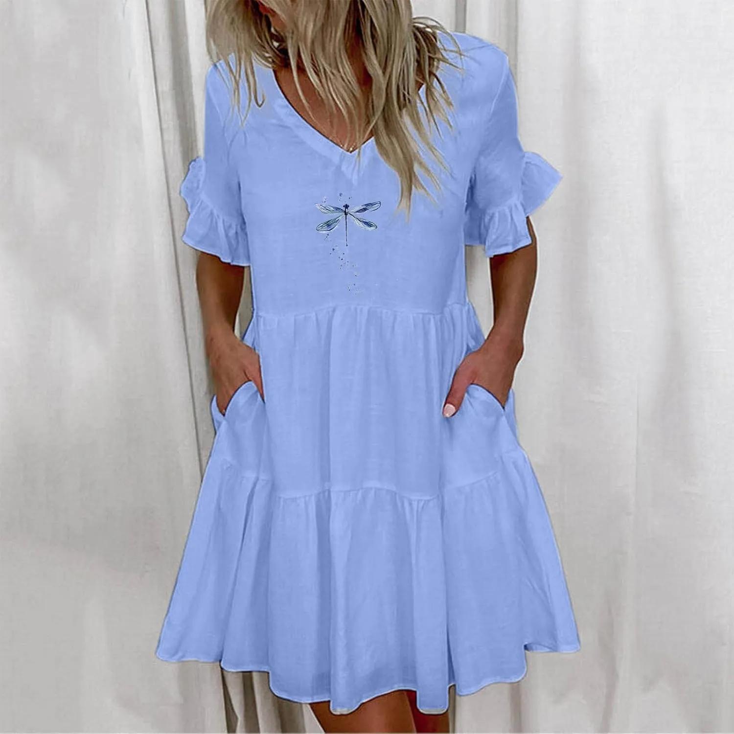 Womens Ruffle Sleeve Summer Vacation Dress Floral Print Casual Resort Dress Cute Spring Clothes 2023