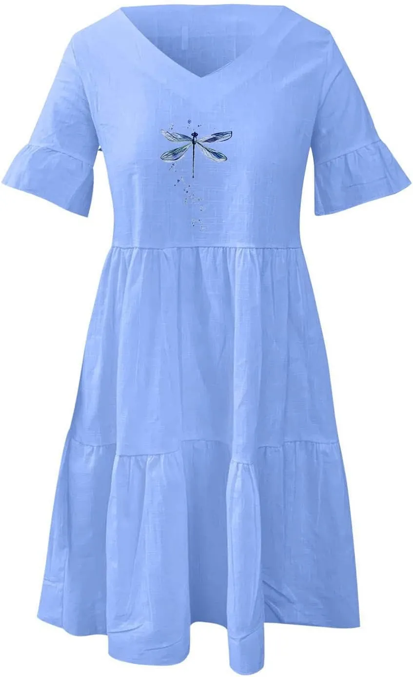 Womens Ruffle Sleeve Summer Vacation Dress Floral Print Casual Resort Dress Cute Spring Clothes 2023