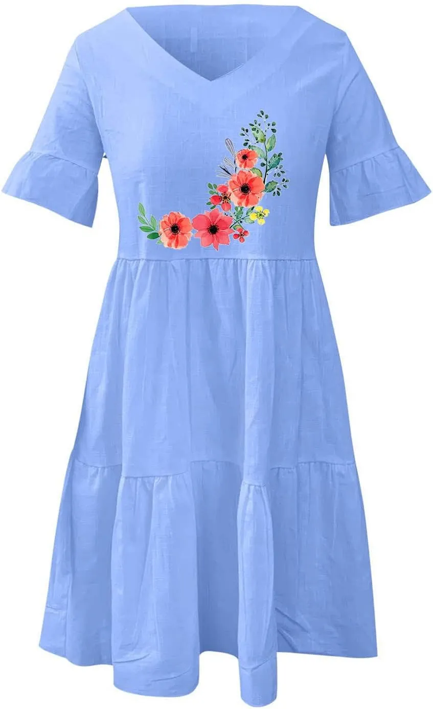 Womens Ruffle Sleeve Summer Vacation Dress Floral Print Casual Resort Dress Cute Spring Clothes 2023