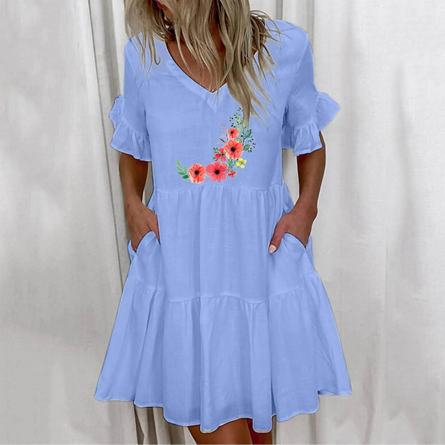Womens Ruffle Sleeve Summer Vacation Dress Floral Print Casual Resort Dress Cute Spring Clothes 2023