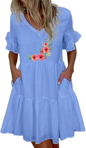 Womens Ruffle Sleeve Summer Vacation Dress Floral Print Casual Resort Dress Cute Spring Clothes 2023