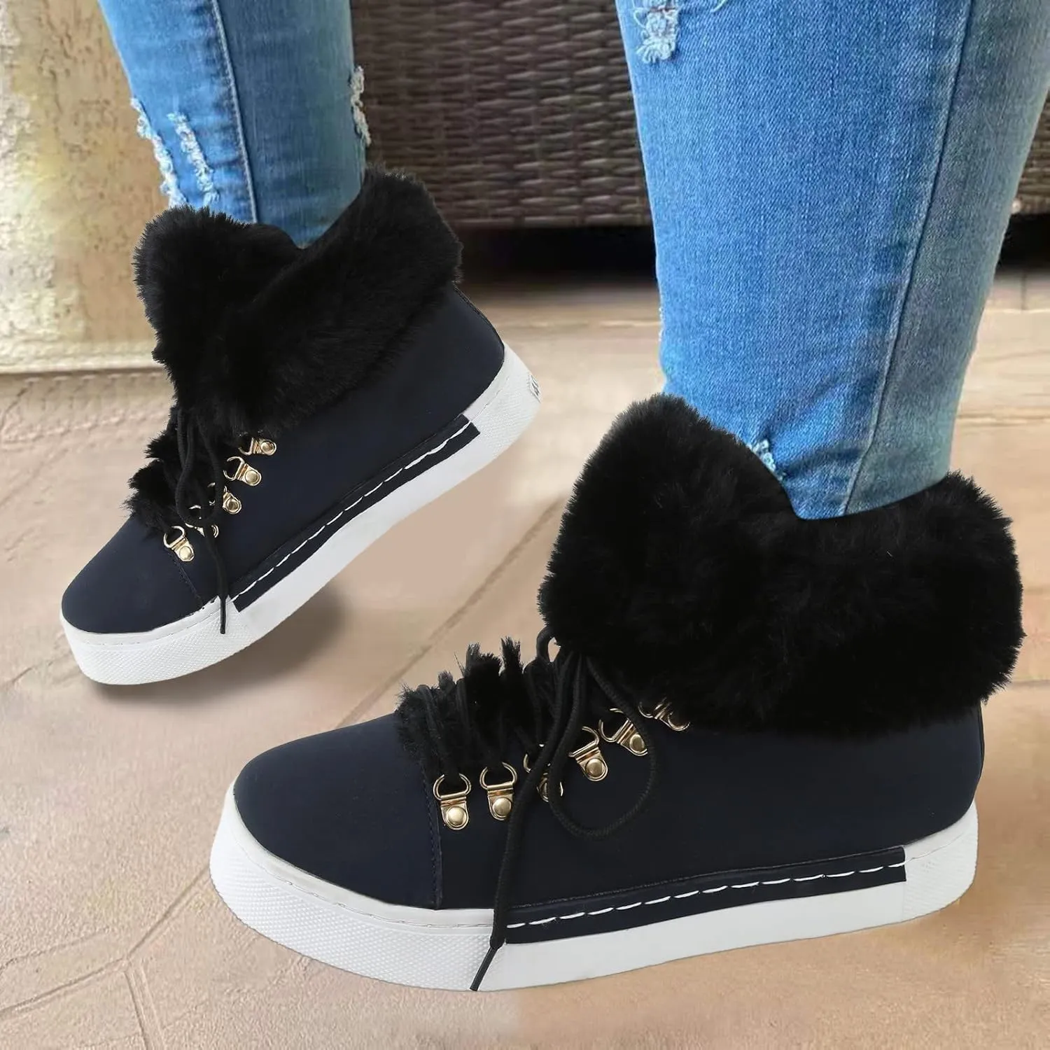 Womens Shoes Dressy Casual Fall Winter Wedge Womens Winter Booties Slip On Snowboots for Women Pink Fur Boots Womens Winter Boots Waterproof Insulated Deals of The Day