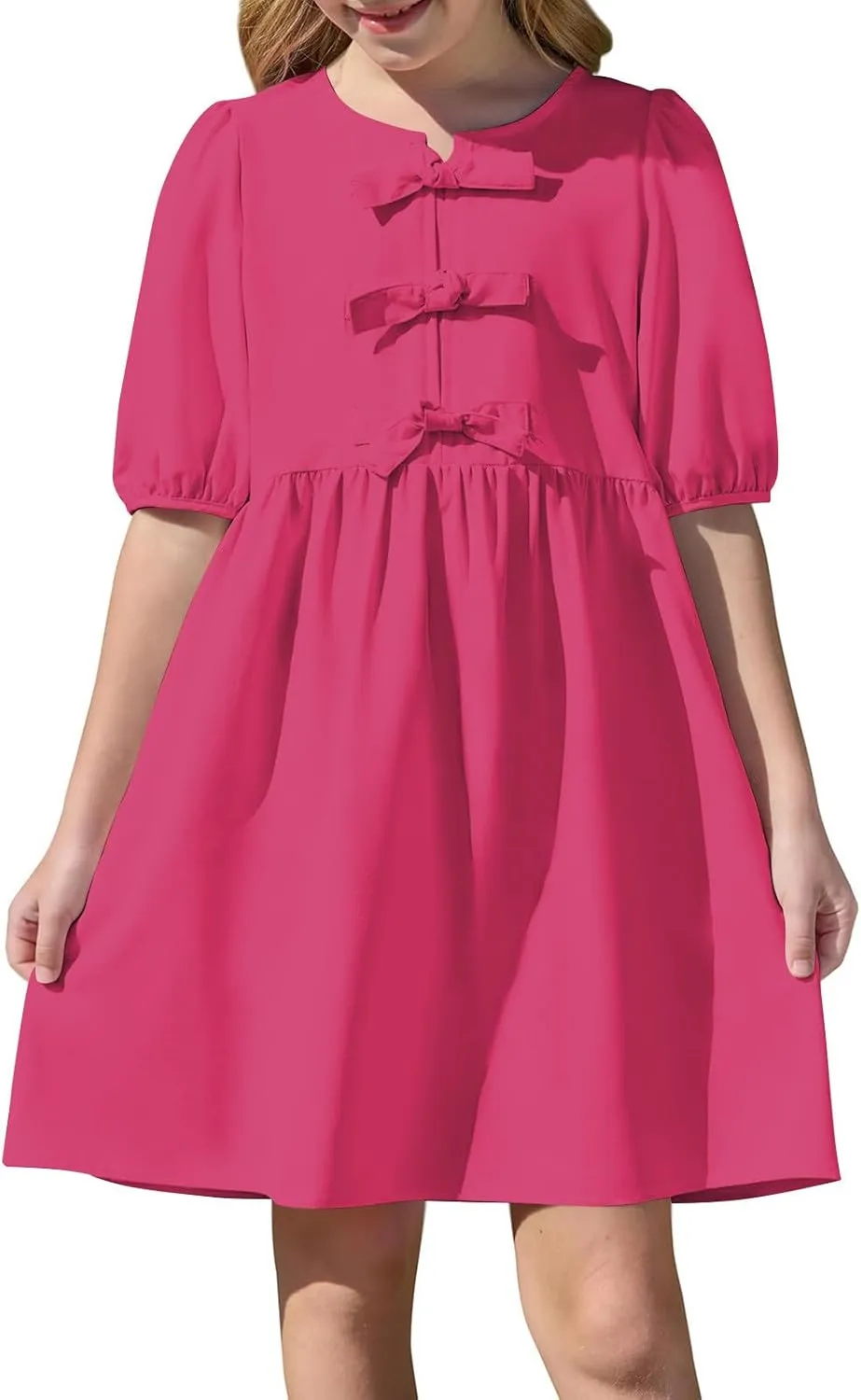 Women's Short Sleeve Tie Front Mini Dress Cute Babydoll Ruffle Pleated A Line Summer Dresses