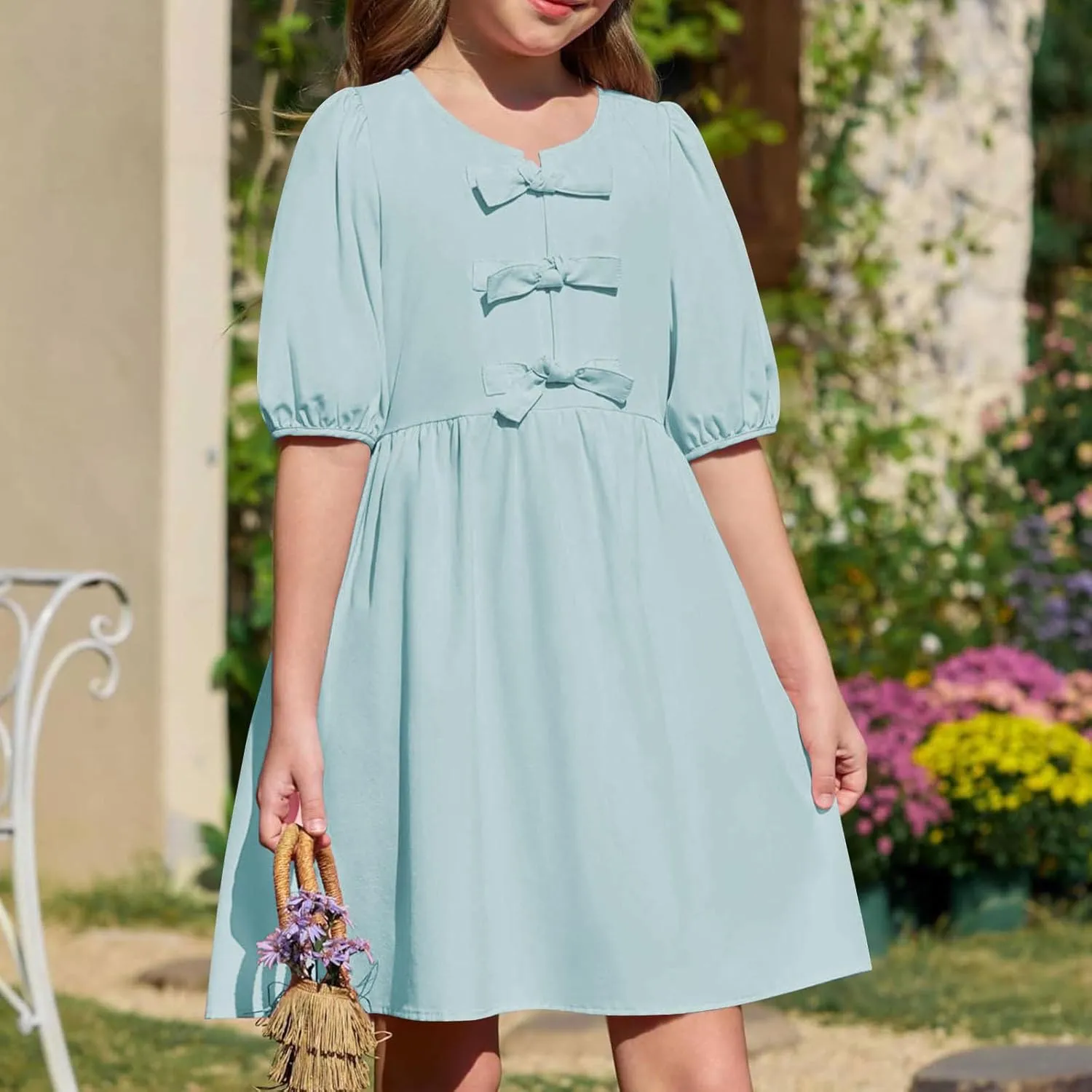 Women's Short Sleeve Tie Front Mini Dress Cute Babydoll Ruffle Pleated A Line Summer Dresses