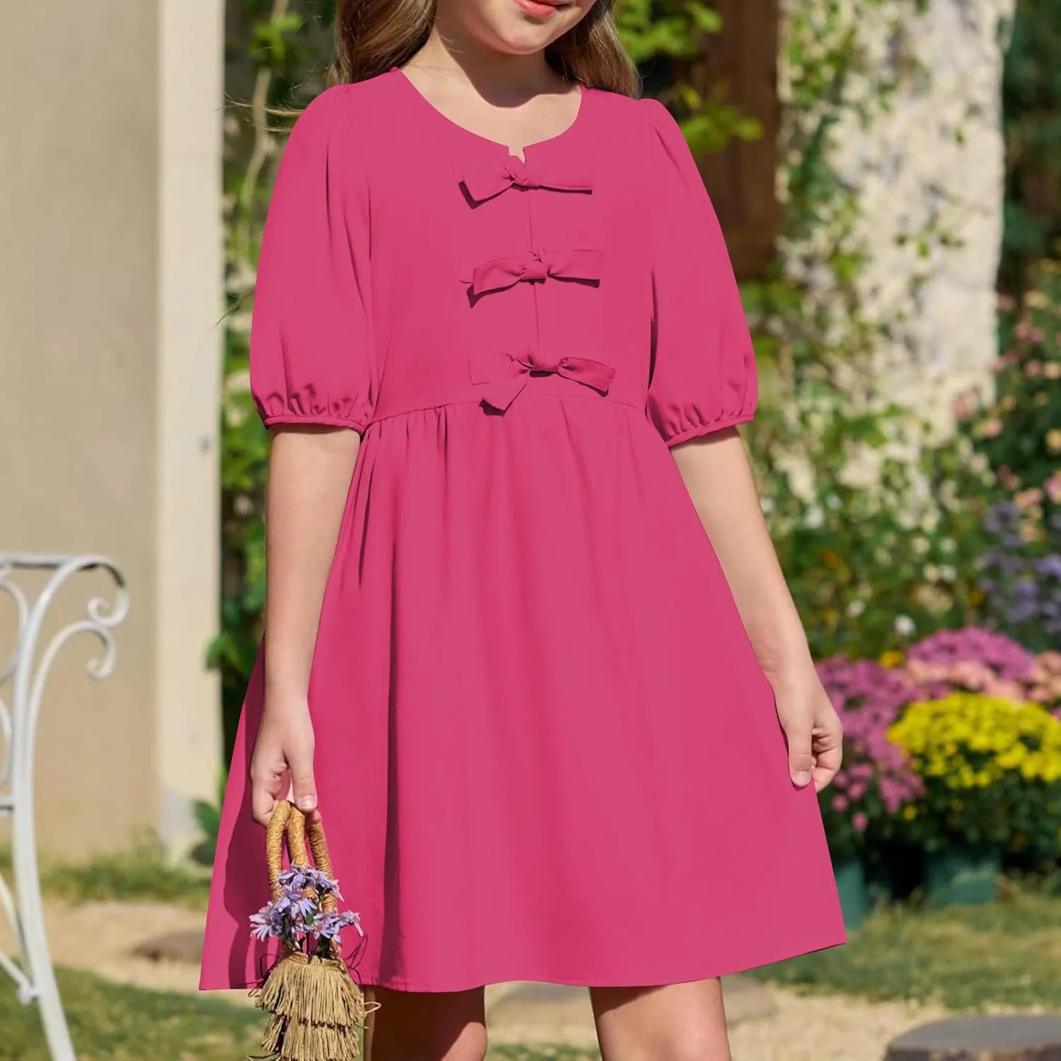 Women's Short Sleeve Tie Front Mini Dress Cute Babydoll Ruffle Pleated A Line Summer Dresses