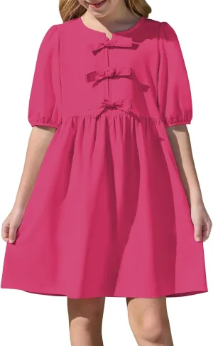 Women's Short Sleeve Tie Front Mini Dress Cute Babydoll Ruffle Pleated A Line Summer Dresses