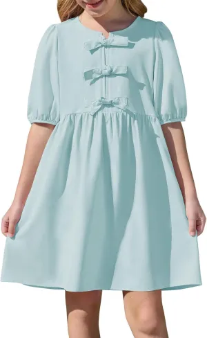 Women's Short Sleeve Tie Front Mini Dress Cute Babydoll Ruffle Pleated A Line Summer Dresses