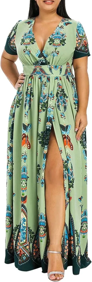 Women's Spring Dresses 2025 Plus Size Dress Curvy Fashion Butterfly Printed V-Neck Short Sleeve Casual Maxi, XL-5XL