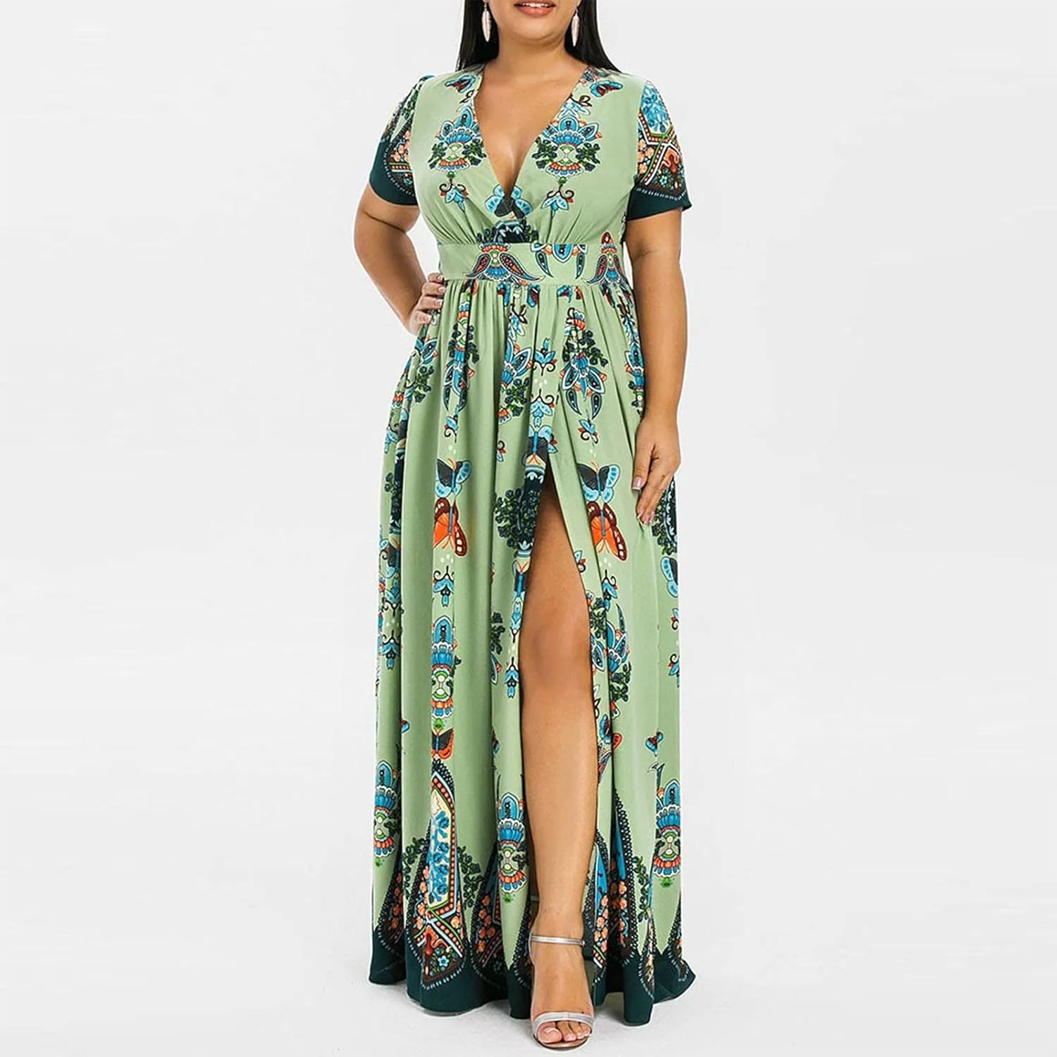 Women's Spring Dresses 2025 Plus Size Dress Curvy Fashion Butterfly Printed V-Neck Short Sleeve Casual Maxi, XL-5XL