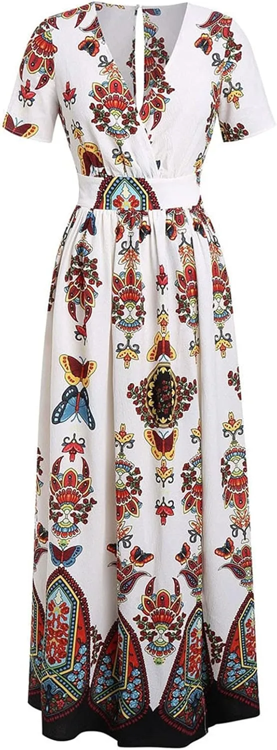Women's Spring Dresses 2025 Plus Size Dress Curvy Fashion Butterfly Printed V-Neck Short Sleeve Casual Maxi, XL-5XL