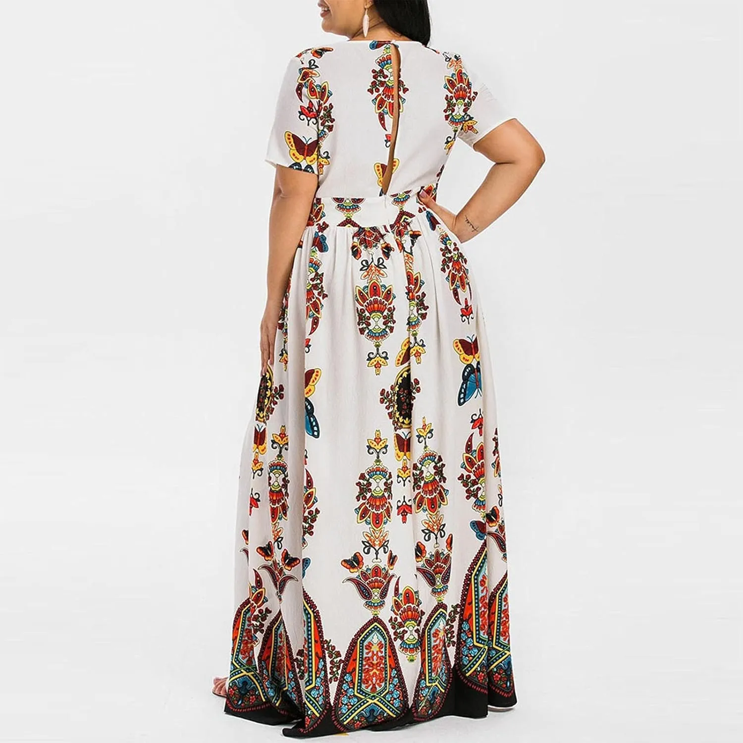 Women's Spring Dresses 2025 Plus Size Dress Curvy Fashion Butterfly Printed V-Neck Short Sleeve Casual Maxi, XL-5XL