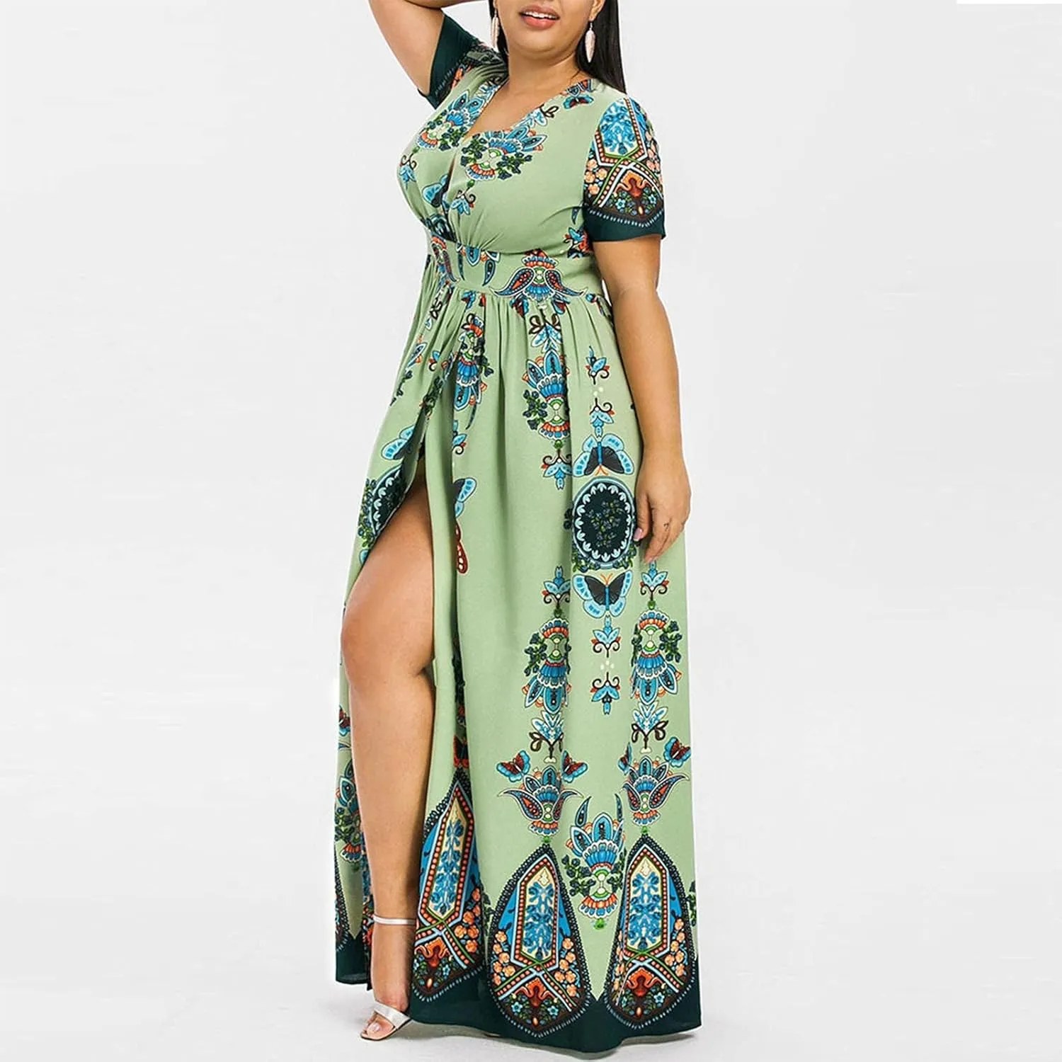 Women's Spring Dresses 2025 Plus Size Dress Curvy Fashion Butterfly Printed V-Neck Short Sleeve Casual Maxi, XL-5XL