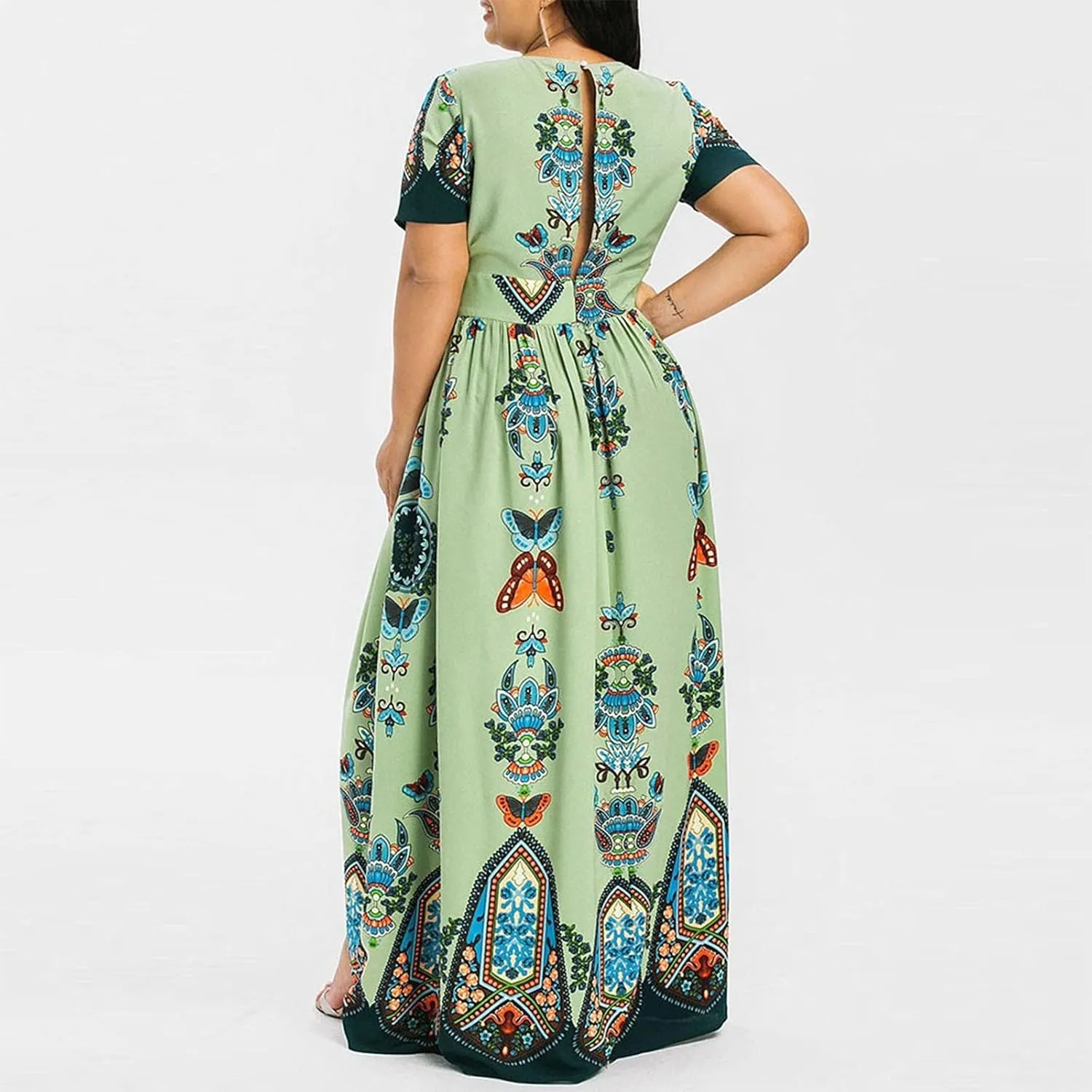 Women's Spring Dresses 2025 Plus Size Dress Curvy Fashion Butterfly Printed V-Neck Short Sleeve Casual Maxi, XL-5XL