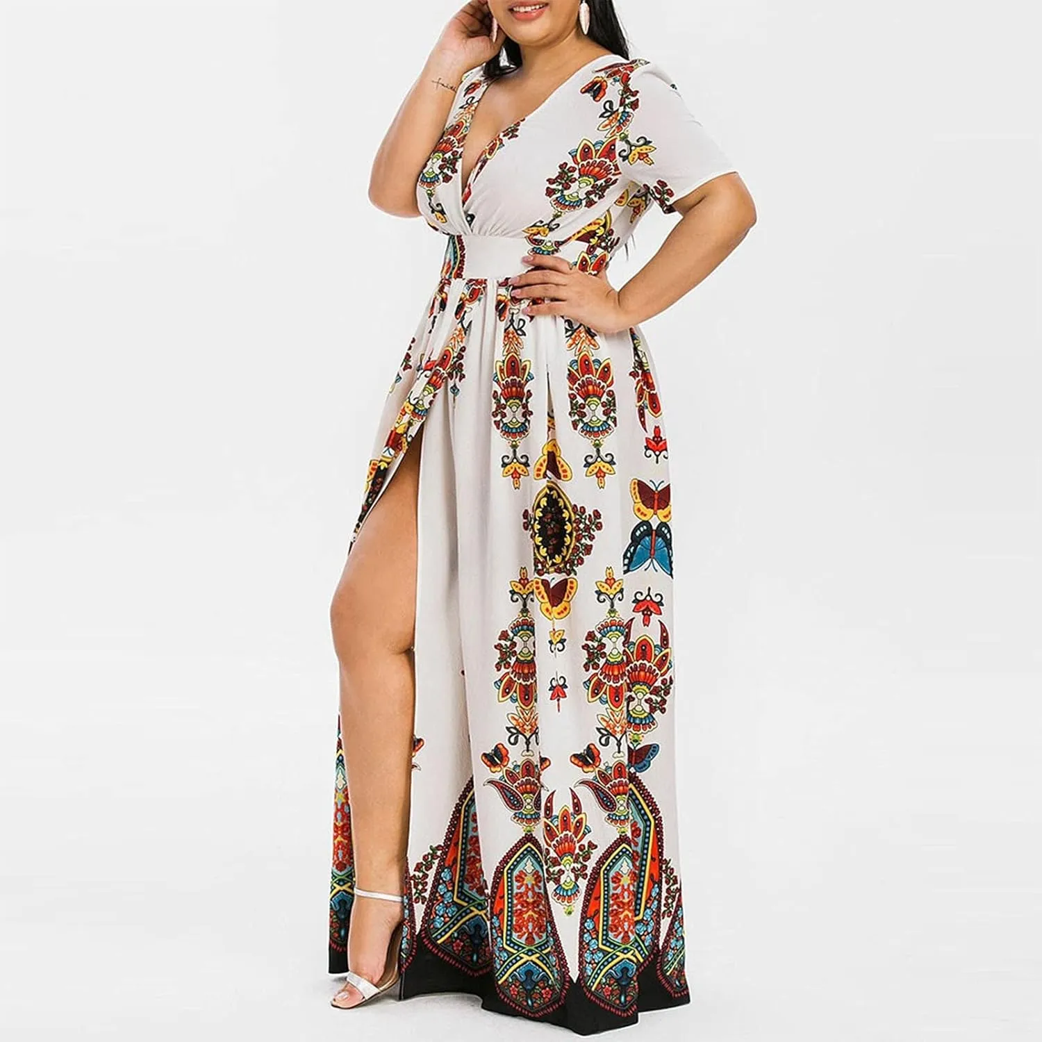 Women's Spring Dresses 2025 Plus Size Dress Curvy Fashion Butterfly Printed V-Neck Short Sleeve Casual Maxi, XL-5XL