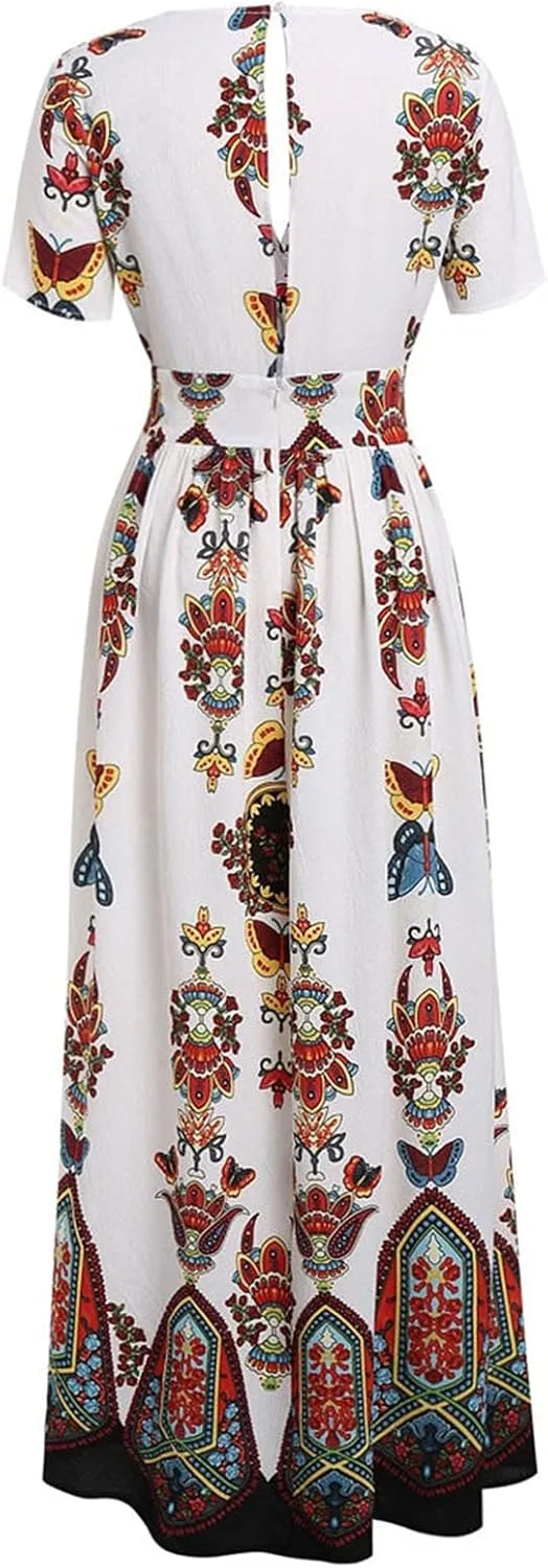 Women's Spring Dresses 2025 Plus Size Dress Curvy Fashion Butterfly Printed V-Neck Short Sleeve Casual Maxi, XL-5XL