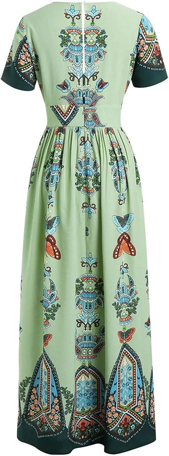 Women's Spring Dresses 2025 Plus Size Dress Curvy Fashion Butterfly Printed V-Neck Short Sleeve Casual Maxi, XL-5XL