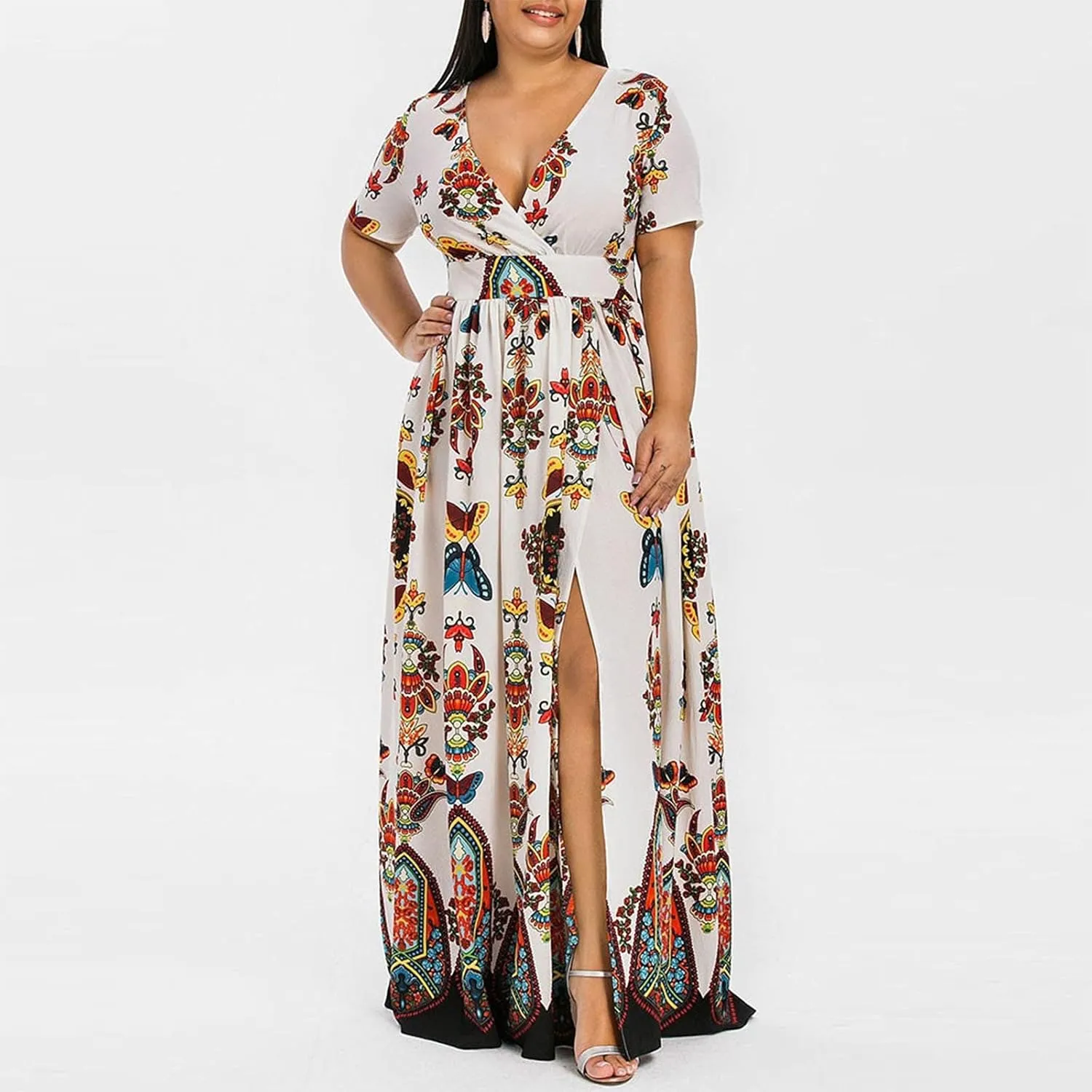 Women's Spring Dresses 2025 Plus Size Dress Curvy Fashion Butterfly Printed V-Neck Short Sleeve Casual Maxi, XL-5XL