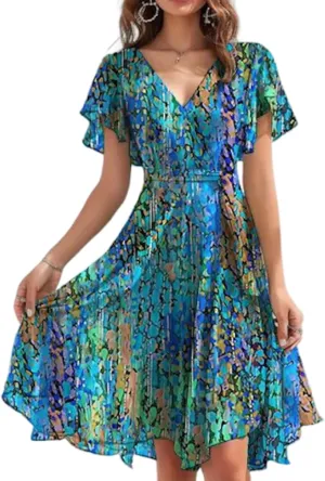 Women's Summer Dresses Ruffle Floral Print Flowy V-Neck Short Sleeve Wrap Mini Dress