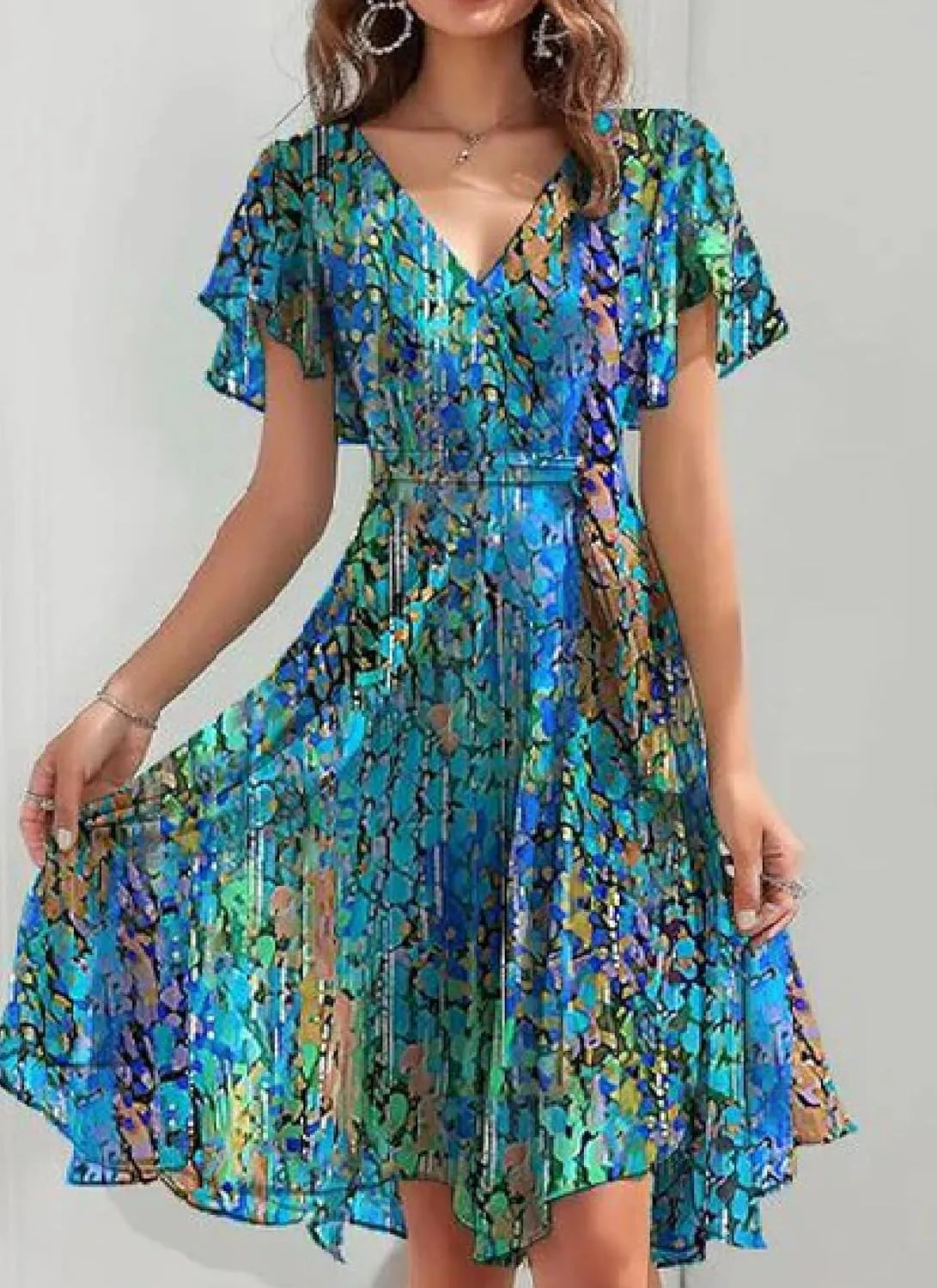 Women's Summer Dresses Ruffle Floral Print Flowy V-Neck Short Sleeve Wrap Mini Dress