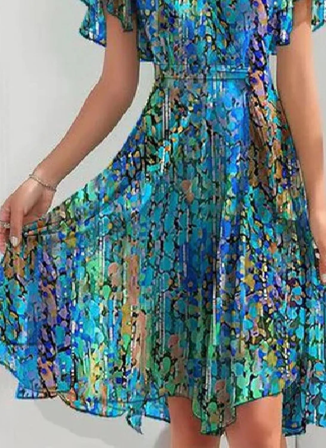 Women's Summer Dresses Ruffle Floral Print Flowy V-Neck Short Sleeve Wrap Mini Dress