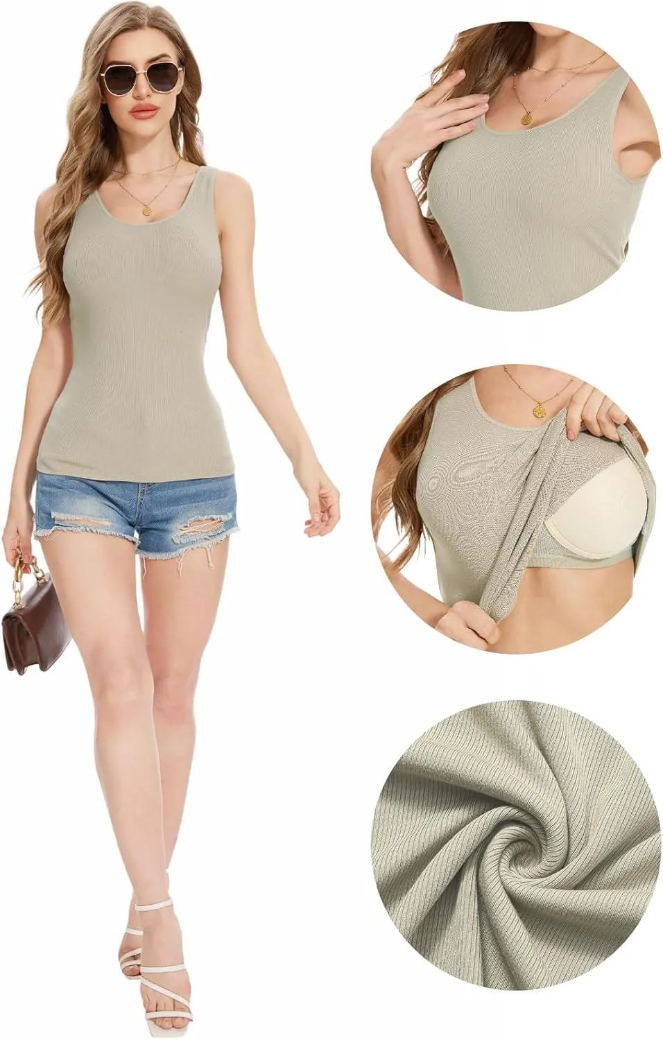 Womens Tank Tops Built-in Bra Ribbed Cami Tanks Lightweight Undershirt Tank Tops