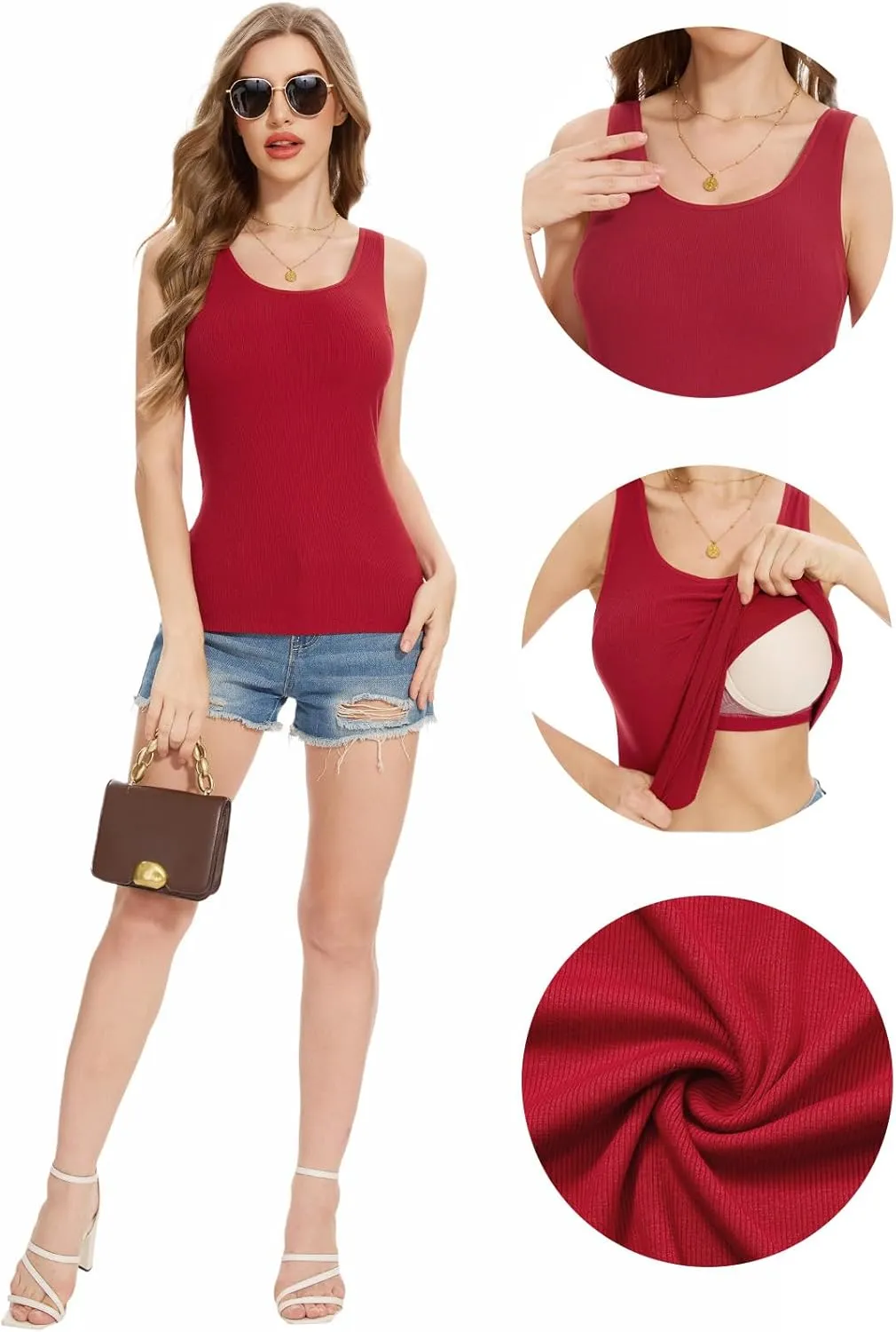 Womens Tank Tops Built-in Bra Ribbed Cami Tanks Lightweight Undershirt Tank Tops