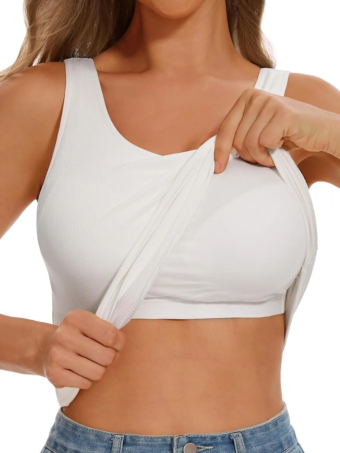 Womens Tank Tops Built-in Bra Ribbed Cami Tanks Lightweight Undershirt Tank Tops