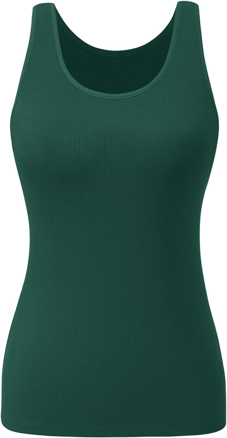 Womens Tank Tops Built-in Bra Ribbed Cami Tanks Lightweight Undershirt Tank Tops