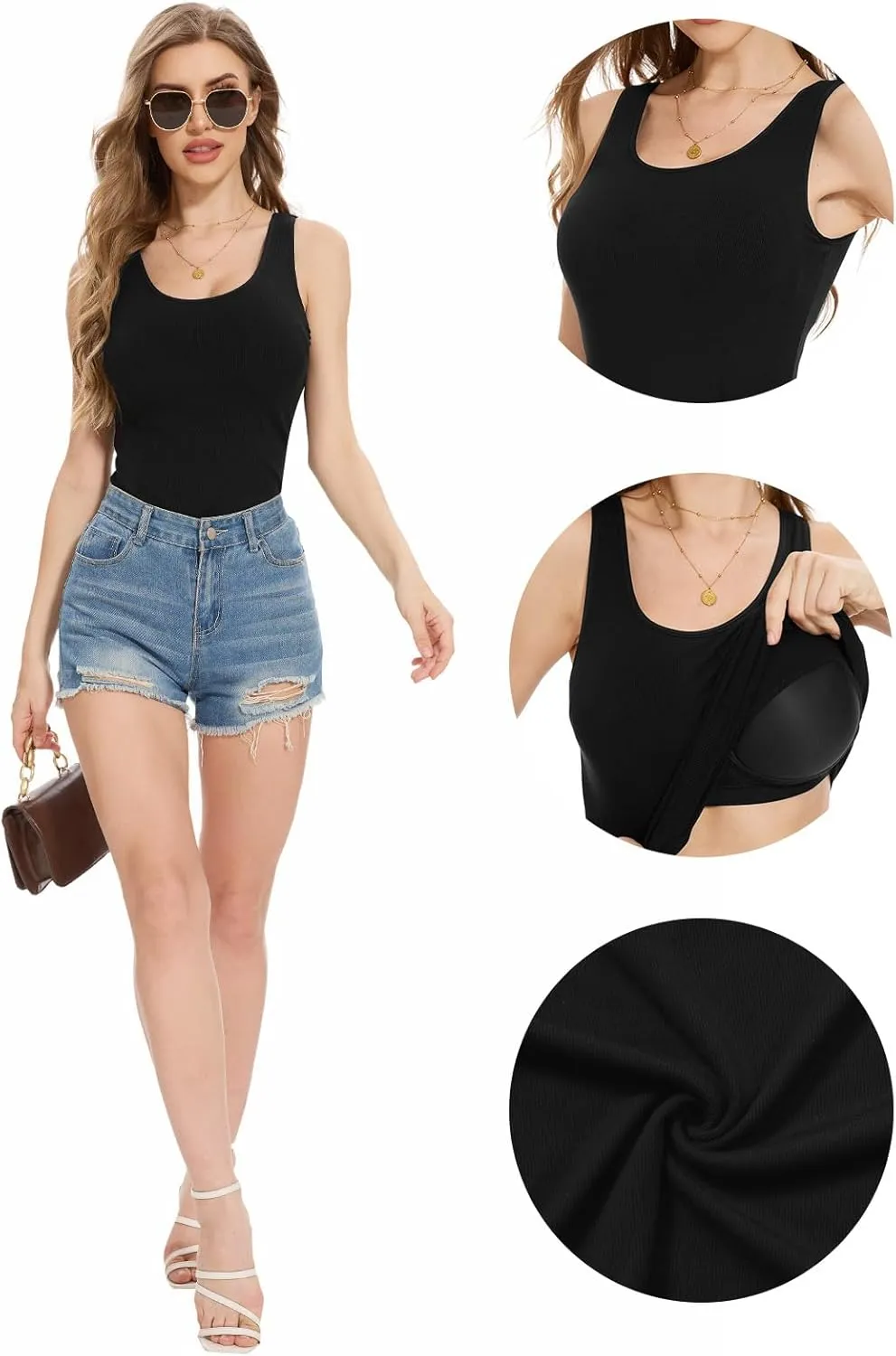 Womens Tank Tops Built-in Bra Ribbed Cami Tanks Lightweight Undershirt Tank Tops