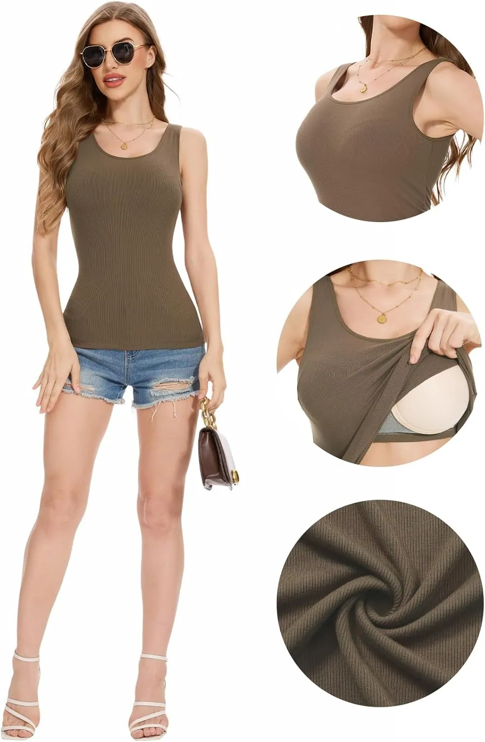 Womens Tank Tops Built-in Bra Ribbed Cami Tanks Lightweight Undershirt Tank Tops