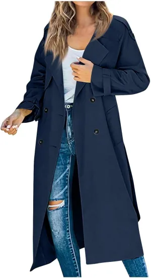 Women's Trench Coat Double Breasted Long Trench Coat Spring Fall Windproof Classic Lapel Overcoat with Belt