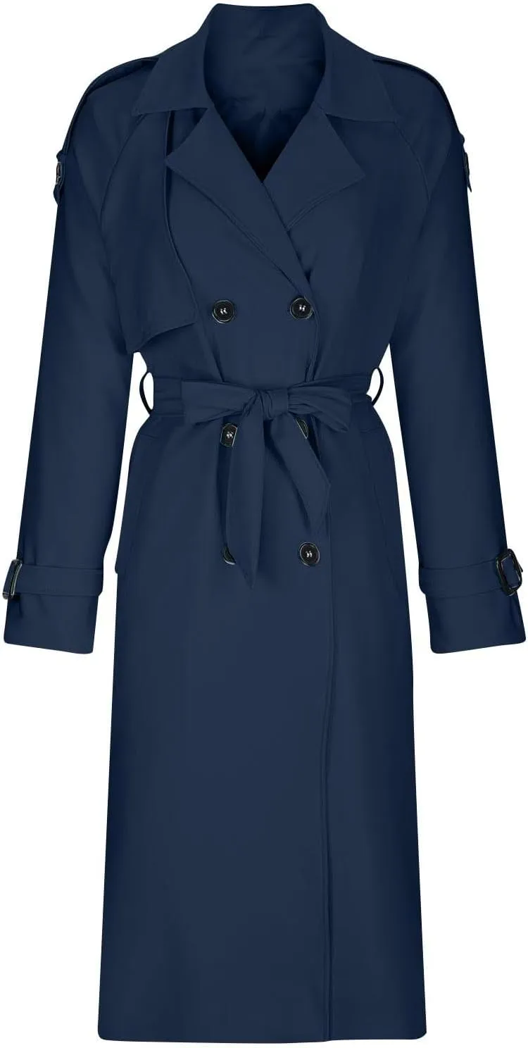 Women's Trench Coat Double Breasted Long Trench Coat Spring Fall Windproof Classic Lapel Overcoat with Belt