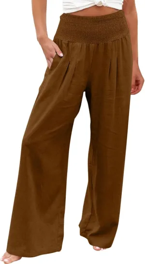 Women's Wide Leg Linen Pants Summer Loose High Waist Smocked Palazzo Pants Baggy Flowy Lounge Beach Pants Trousers