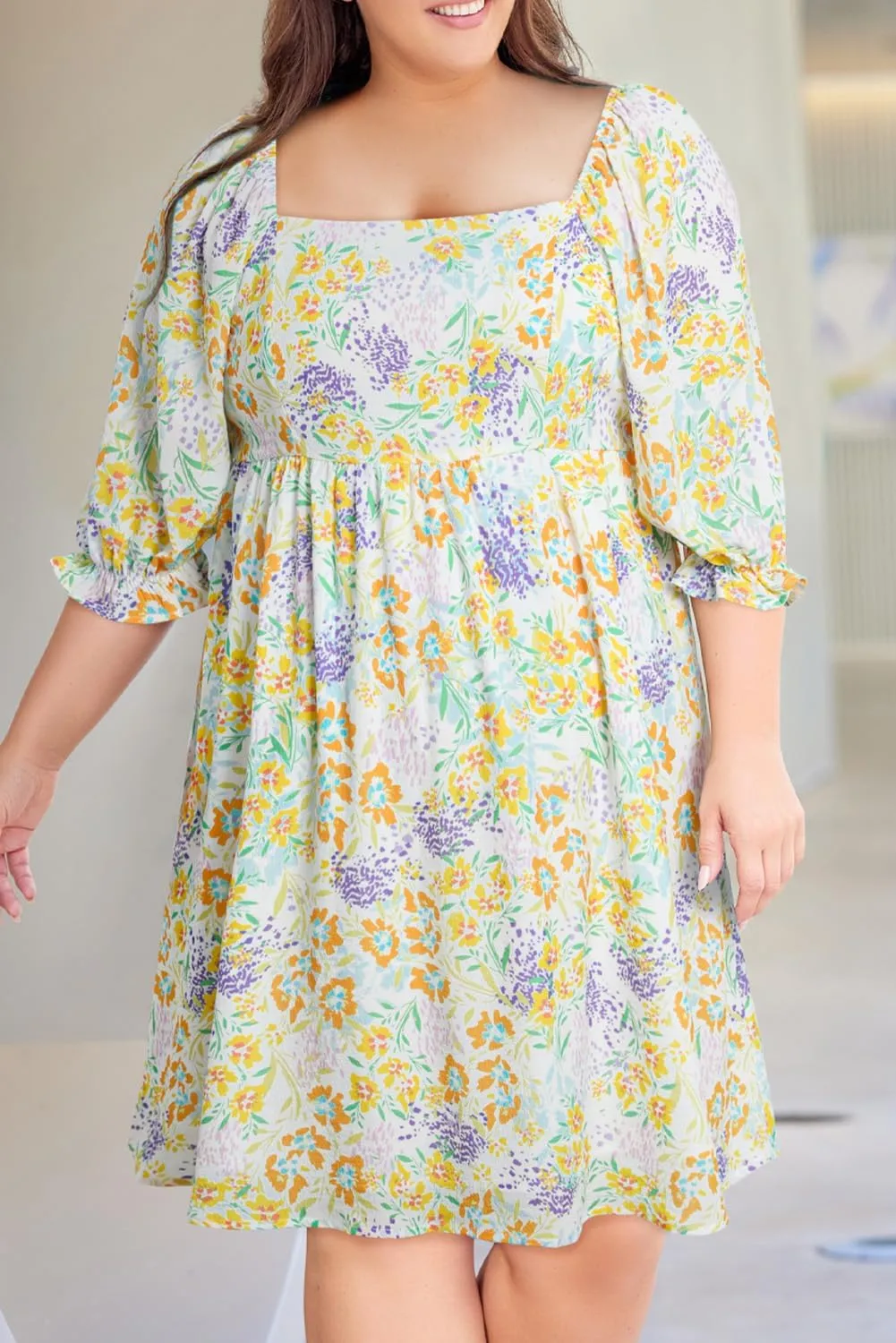 XAKALAKA Women's Summer Plus Size Floral Print Ruffle Bubble Sleeve Babydoll Dress Vacation Elegant Squarecollar Mini Dress