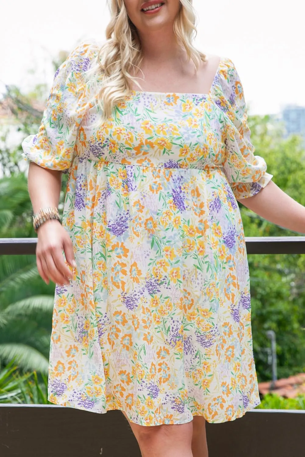 XAKALAKA Women's Summer Plus Size Floral Print Ruffle Bubble Sleeve Babydoll Dress Vacation Elegant Squarecollar Mini Dress