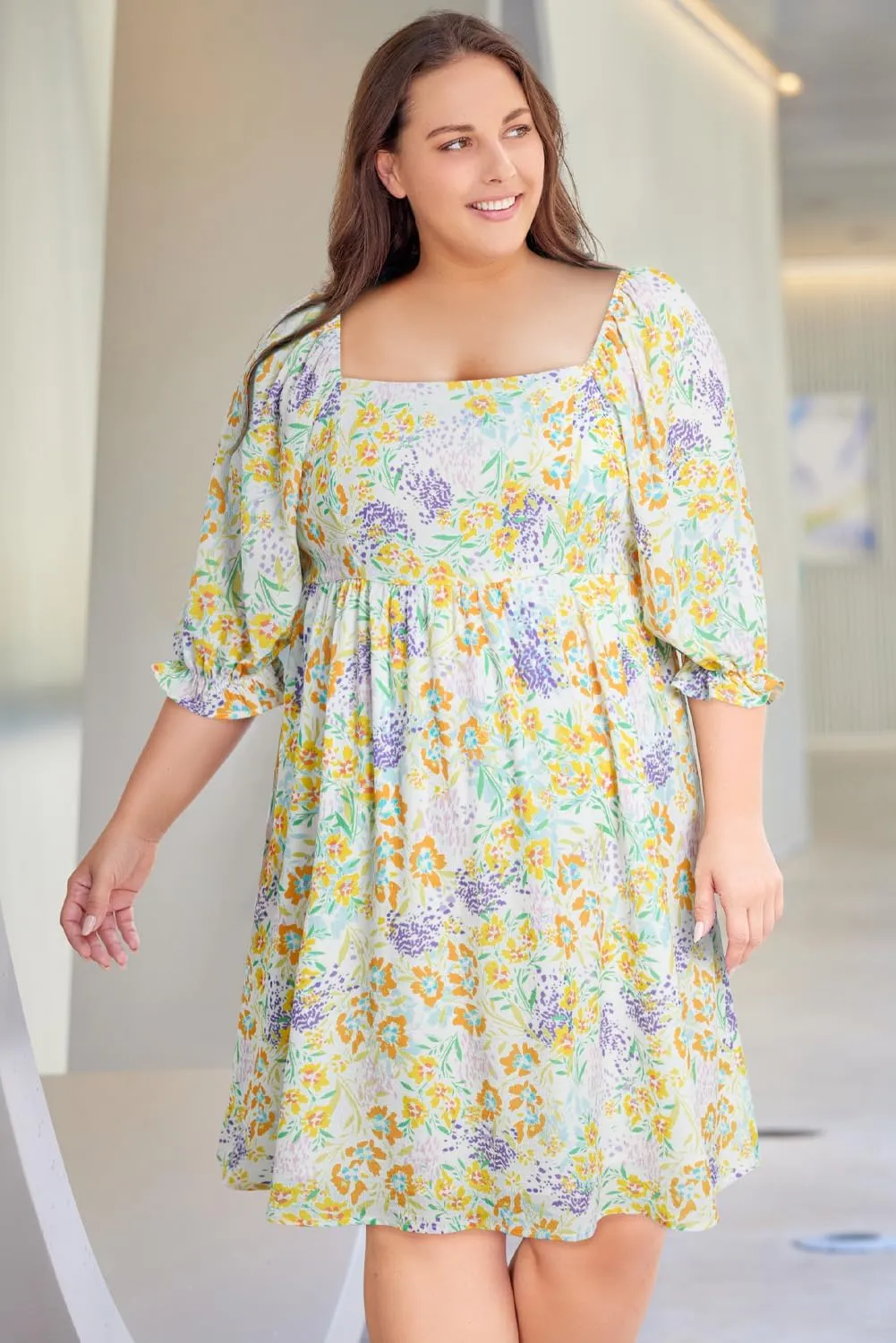 XAKALAKA Women's Summer Plus Size Floral Print Ruffle Bubble Sleeve Babydoll Dress Vacation Elegant Squarecollar Mini Dress
