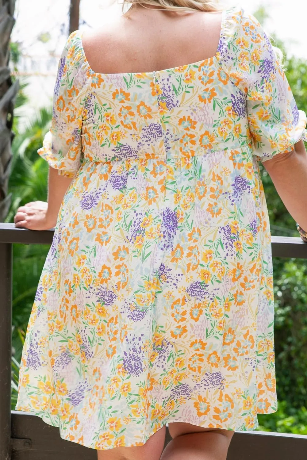 XAKALAKA Women's Summer Plus Size Floral Print Ruffle Bubble Sleeve Babydoll Dress Vacation Elegant Squarecollar Mini Dress