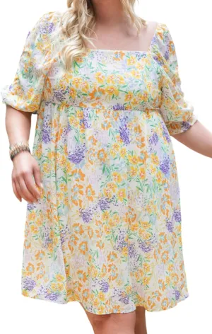XAKALAKA Women's Summer Plus Size Floral Print Ruffle Bubble Sleeve Babydoll Dress Vacation Elegant Squarecollar Mini Dress