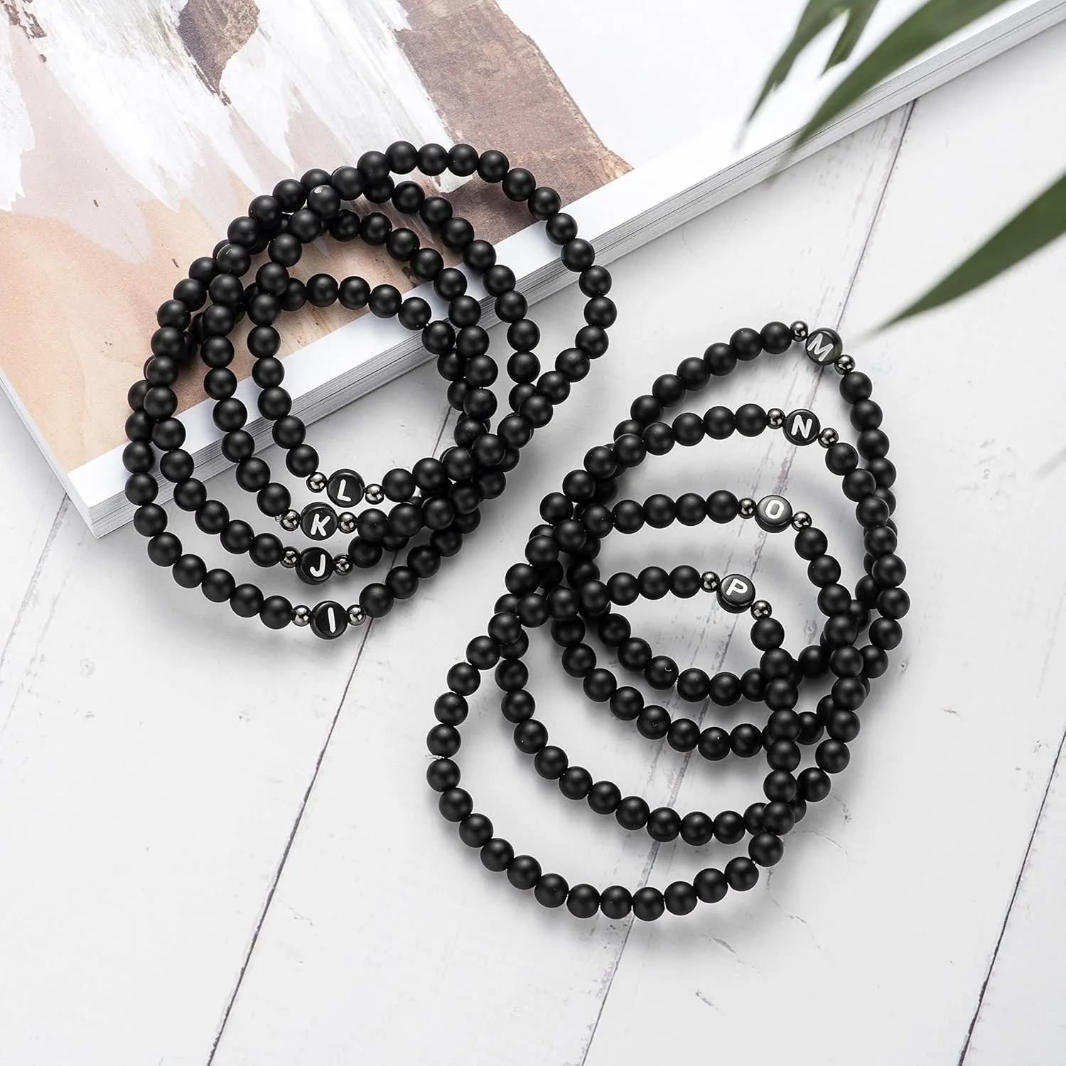 XIA YAN 6mm Black Onyx and White Howlite Handmade Letter Beads Bracelets for Women Men Initial Bracelets Gifts for Women (Couples Bracelets,Friendship Bracelets)
