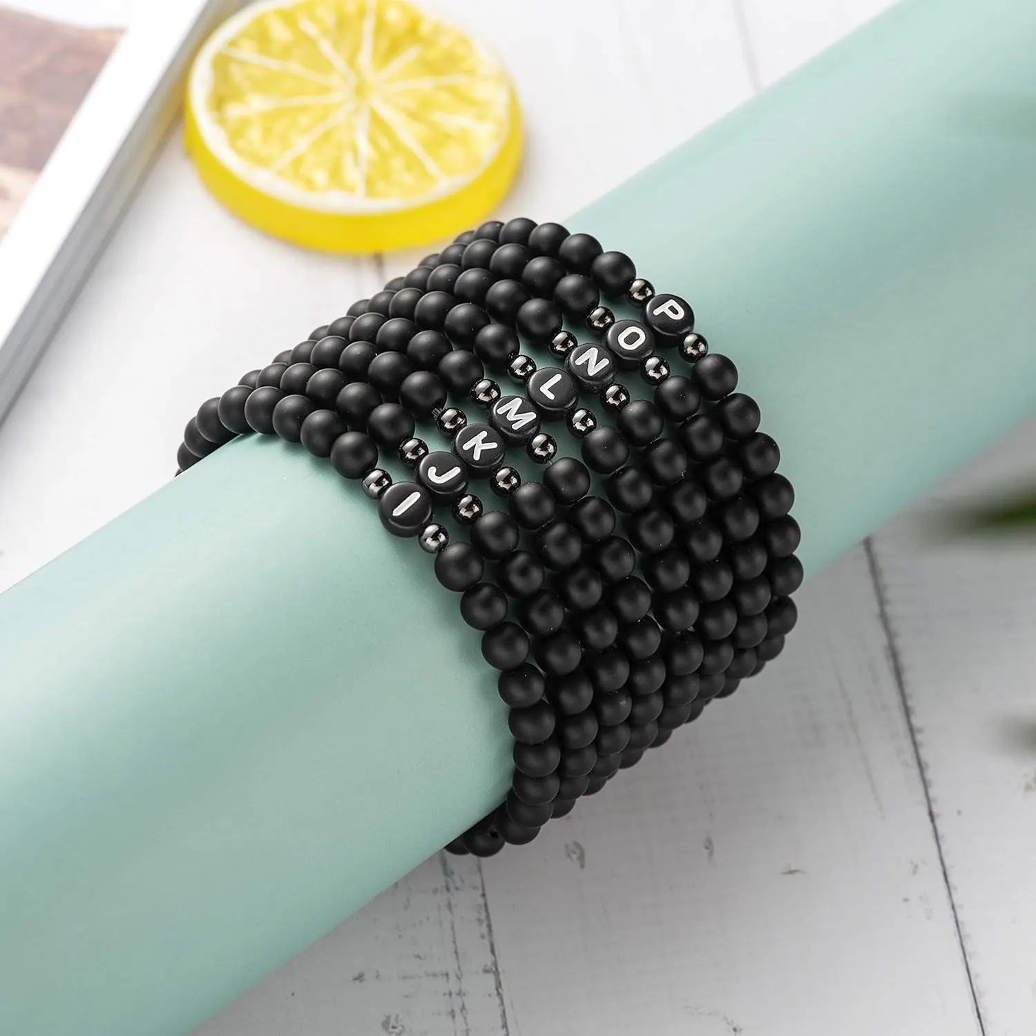 XIA YAN 6mm Black Onyx and White Howlite Handmade Letter Beads Bracelets for Women Men Initial Bracelets Gifts for Women (Couples Bracelets,Friendship Bracelets)